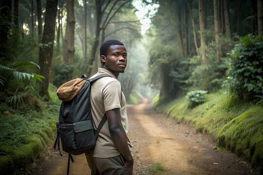A man wearing backpack standing on forest trail stock photo