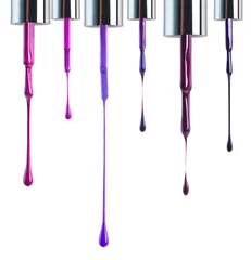 Zelfklevend Fotobehang Nail polish, color and brush on a white background for beauty, cosmetics and salon products. Cosmetology, luxury spa and isolated liquid, drip and purple for manicure, pedicure and pamper in studio © T. Rose/peopleimages.com