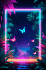 Fototapeta na wymiar Fantasy butterflies with neon light and rectangle glowing frame in the tropical forest.
