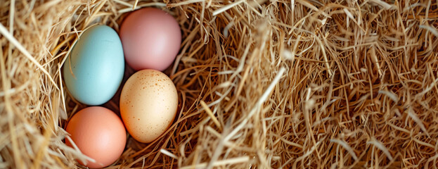 Pastel Colored naturally dyed Eggs in Straw Nest Top View - obrazy, fototapety, plakaty