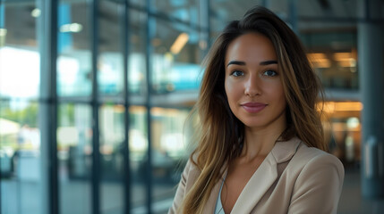 Obraz premium Successful young businesswoman standing in a modern business building - pretty smiling confident woman with long hair