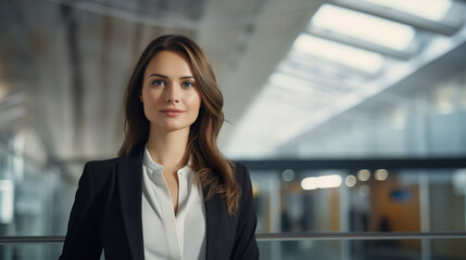 Fototapeta premium Successful young businesswoman standing in a modern business building - pretty smiling confident woman with long hair
