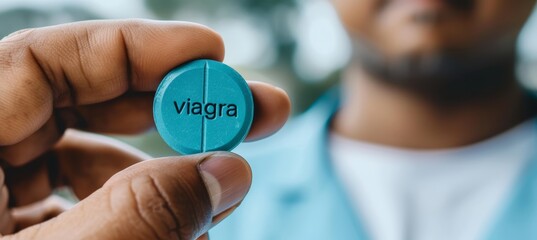 Man holding blue viagra pill with  viagra  text, on blurred background with copy space.