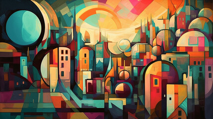 Cubism image of a fantasy world with unusual shapes and structures