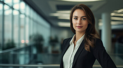 Successful young businesswoman standing in a modern business building - pretty smiling confident woman with long hair