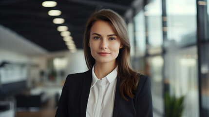 Obraz premium Successful young businesswoman standing in a modern business building - pretty smiling confident woman with long hair
