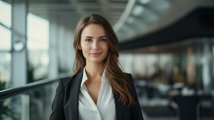 Obraz premium Successful young businesswoman standing in a modern business building - pretty smiling confident woman with long hair