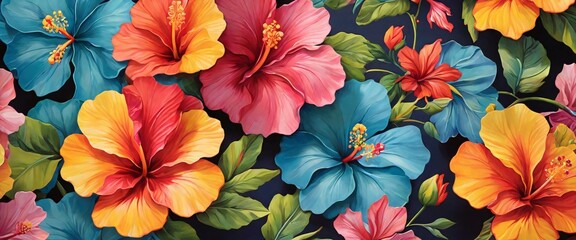 Capture the beauty of nature with a colorful hibiscus pattern in a whimsical and playful drawing style, featuring the exotic flowers in bold and striking designs that will add a pop of color