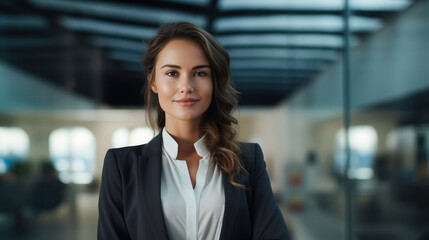 Obraz premium Successful young businesswoman standing in a modern business building - pretty smiling confident woman with long hair