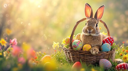 Fototapeta na wymiar Cheerful Easter Bunny with a Basket of Colorful Eggs