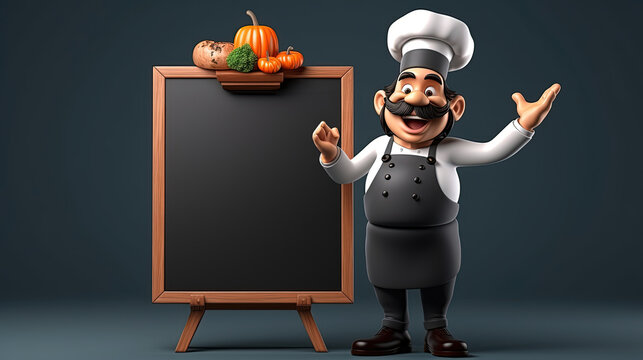 A 3D Chef Character Carrying a Blackboard, Passionately Promoting Full Flavor