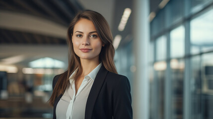 Obraz premium Successful young businesswoman standing in a modern business building - pretty smiling confident woman with long hair