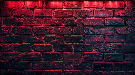 Dark black brick wall with red neon light background, copyspace, red glow, mysterious vibe, grunge hd