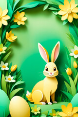Paper cut style easter background with spring rabbit, flowers and easter eggs in soft sunshine yellow and spring green colors.