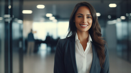 Fototapeta premium Successful young businesswoman standing in a modern business building - pretty smiling confident woman with long hair