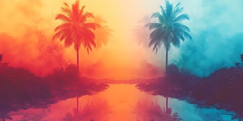 Tropical sunset setting with vibrant retro vibes and palm tree silhouettes. Concept Tropical Sunset, Vibrant Retro Vibes, Palm Tree Silhouettes, Outdoor Photoshoot