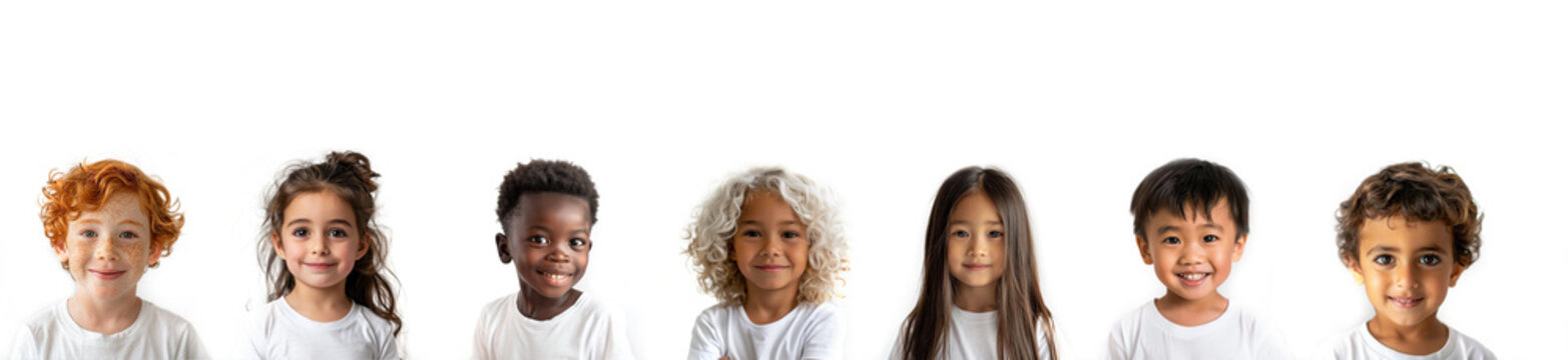 Collage of  5 year old children of different nationalities, happy little children looking at camera  on white background