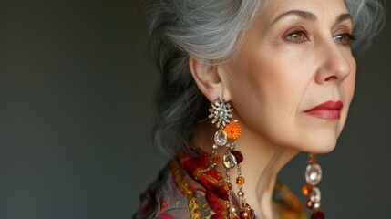Close-up of senior elegant woman with colorful earring - obrazy, fototapety, plakaty