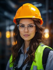 Professional portrait of a woman engineer with safety gear on, confidently standing in an industrial environment