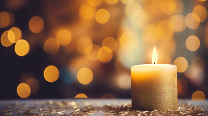 Golden Candle on Glittering Background