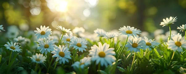 Gordijnen Blooming Daisies on Lush Green Meadow Under Sunlight. Concept Nature, Flowers, Sunshine, Meadow, Daisies © Anastasiia
