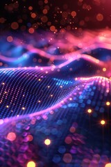 Vibrant digital wave landscape with particles. A high-quality 3D render of a dynamic digital wave landscape with illuminated particle dots creating a cosmic atmosphere.