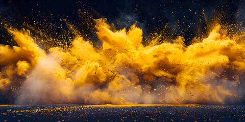 Abstract powder splatted Yellow powder explosion on white color background