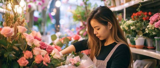 Portrait of a woman florist making a bouquet of roses in a flower shop - obrazy, fototapety, plakaty