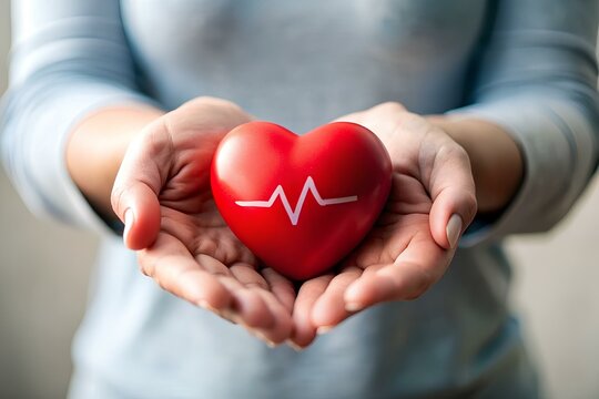 hands holding a red plastic heart, health care concept photo stock