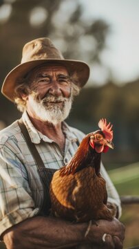 Older country man in a hat is holding a chicken on a farm