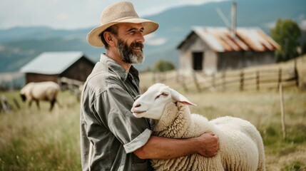 Country man in a hat with a sheep on the farm