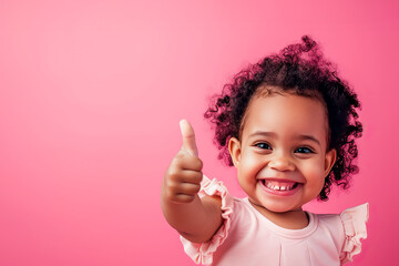 Close-up portrait of nice cute cheerful small little girl, showing  thumb-up. Blank for an advertising banner