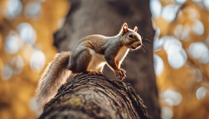 Obraz premium view of an agile squirrel scurrying up a tree in search of acorns image background