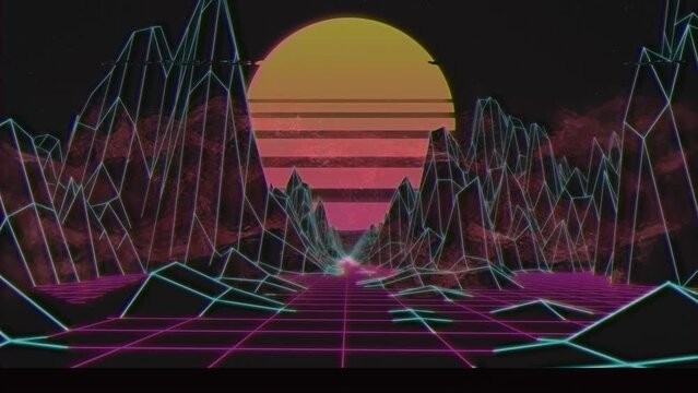 Animation of interference over digital mountains and sun on black background