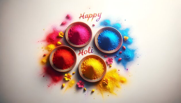 Top view illustration for the holi with a bowls of vibrant colored powder.