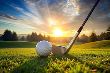 Golf ball on the golf course with golf clubs, with the beautiful sunlight stock photo 