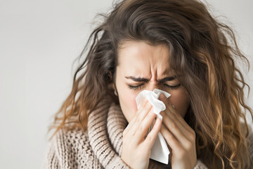 Close up Picture showing sick woman sneezing at home