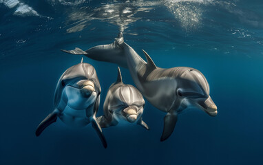 Dolphins family in the ocean. Generative AI