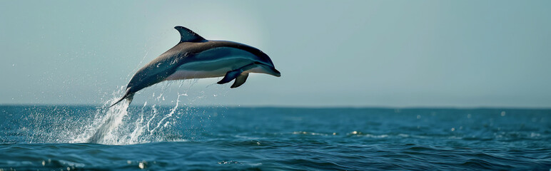 Fototapeta premium Dolphin jumping in the ocean.Panorama view. Generative AI