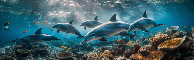 Fototapeta na wymiar Herd of dolphins in the ocean with coral. Generative AI