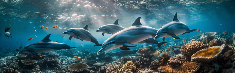 Fototapeten Herd of dolphins in the ocean with coral. Generative AI © Nipawan