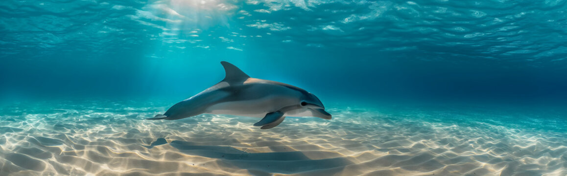 Dolphin swimming in the ocean.Panorama view. Generative AI
