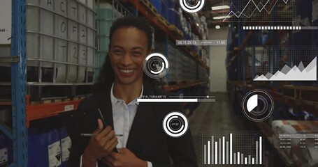 Animation of data processing over african american female worker in warehouse - Powered by Adobe