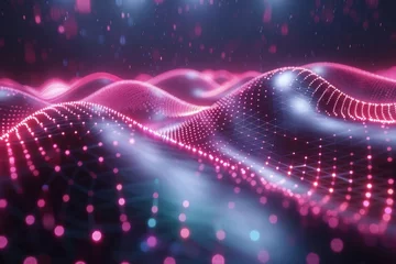 Foto op Plexiglas Vibrant digital wave landscape with particles. A high-quality 3D render of a dynamic digital wave landscape with illuminated particle dots creating a cosmic atmosphere. © Merilno