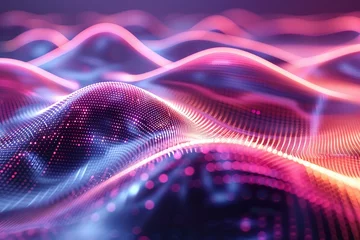 Papier Peint photo Rose  Vibrant digital wave landscape with particles. A high-quality 3D render of a dynamic digital wave landscape with illuminated particle dots creating a cosmic atmosphere.