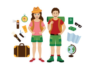 Traveler young woman and man with backpack vector illustration. Happy smiling tourist boy and girl cartoon character. Travel icon set isolated on a white background. Young couple traveling together