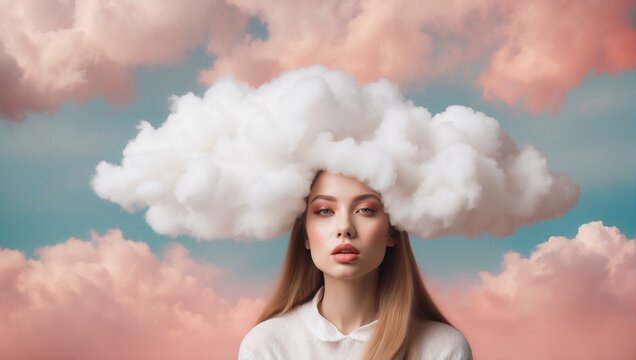 An imaginative portrait with a woman wearing a cloud headpiece, set against a dreamy sky backdrop