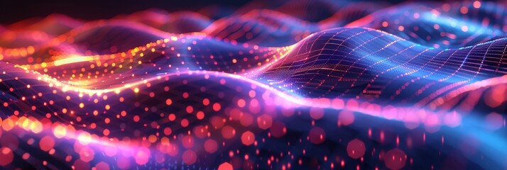 Fototapeta premium Vibrant digital wave landscape with particles. A high-quality 3D render of a dynamic digital wave landscape with illuminated particle dots creating a cosmic atmosphere.