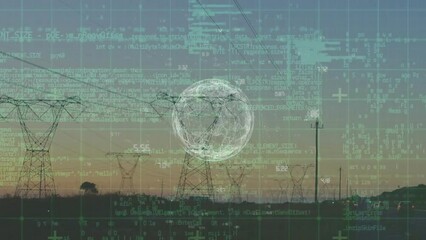 Animation of data processing with globe over electricity pylons - Powered by Adobe