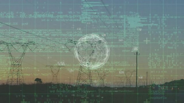 Animation of data processing with globe over electricity pylons